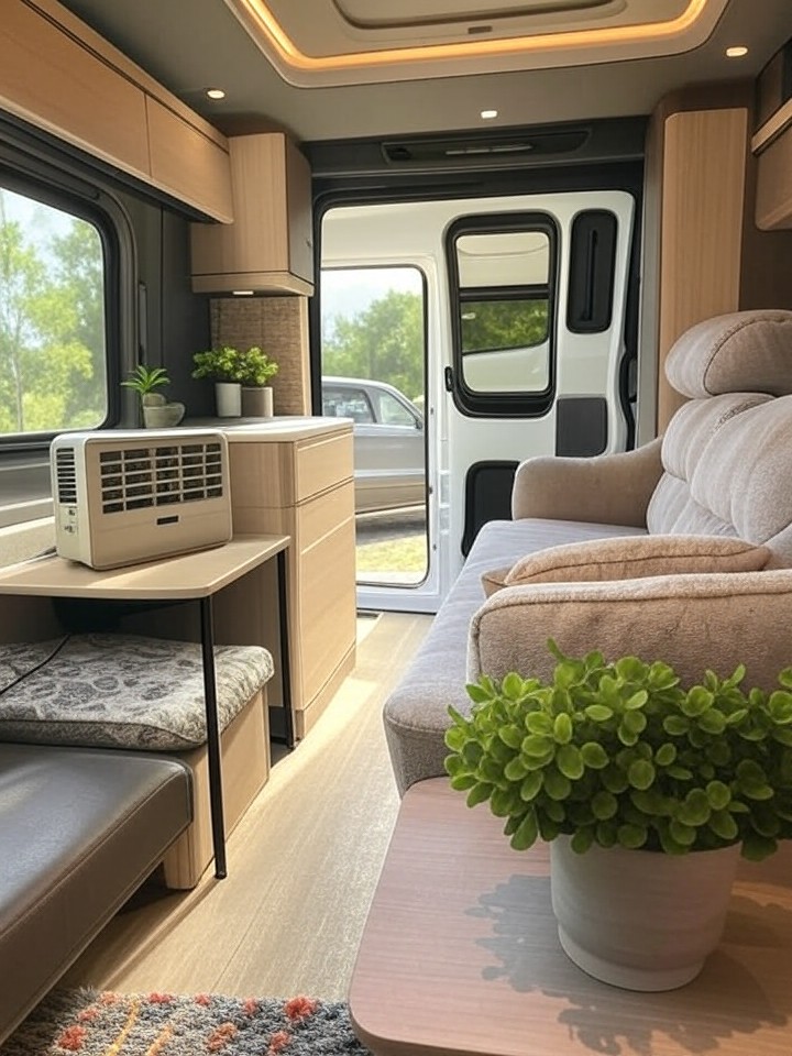 Wnętrze kampera z klimatyzacją zapewniającą komfortową temperaturę