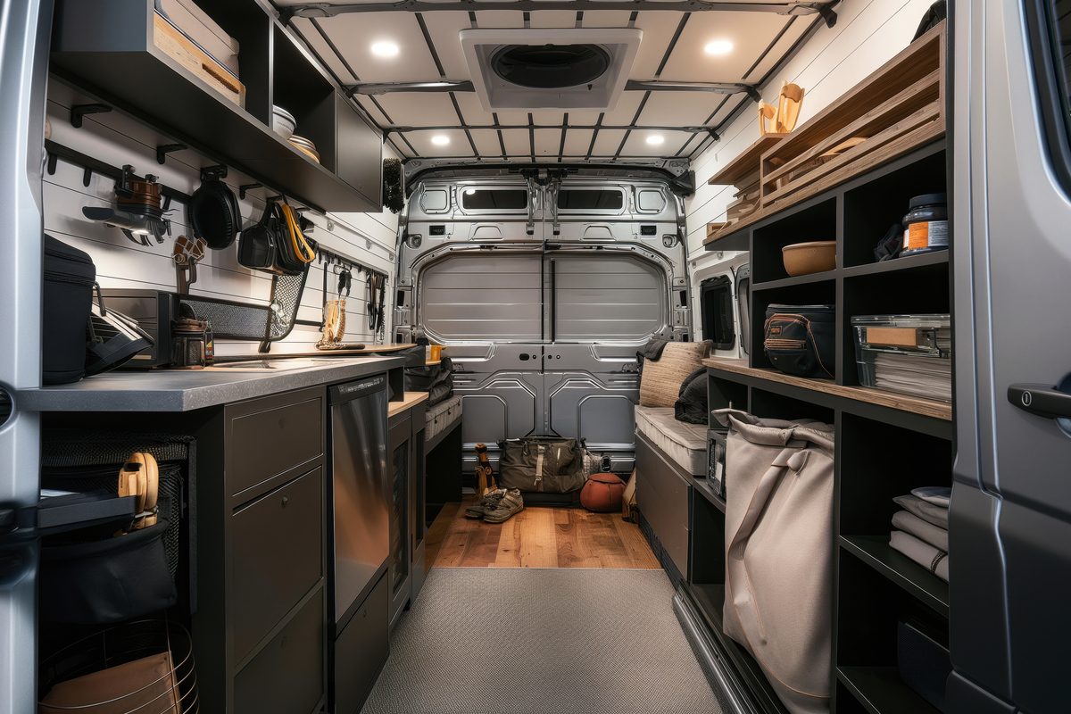 Półki i organizery we wnętrzu kampera