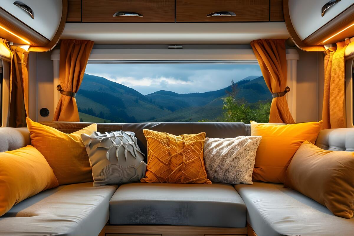 Przytulne wnętrze kampera z zasłonami