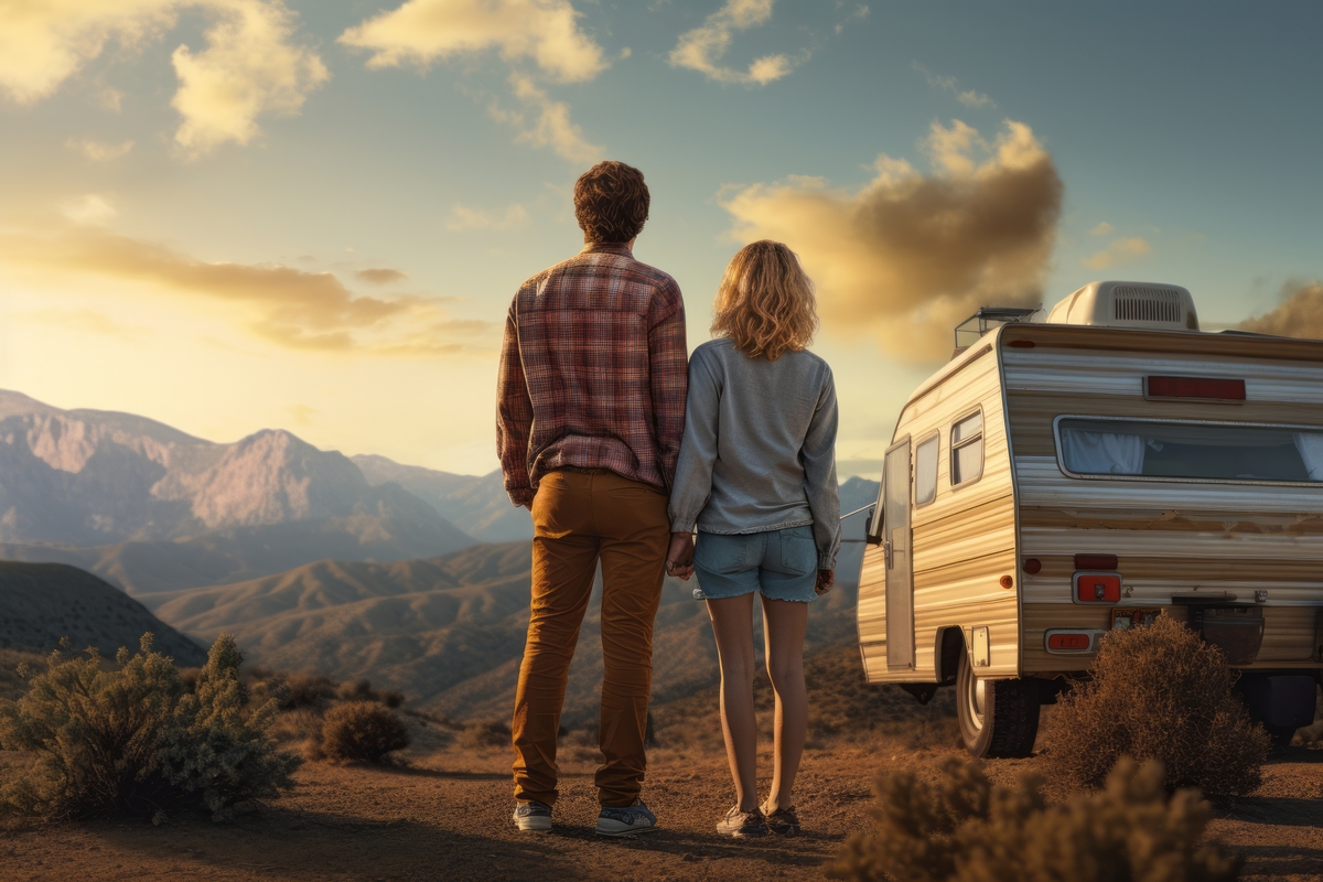 Para podróżująca kamperem po malowniczej drodze