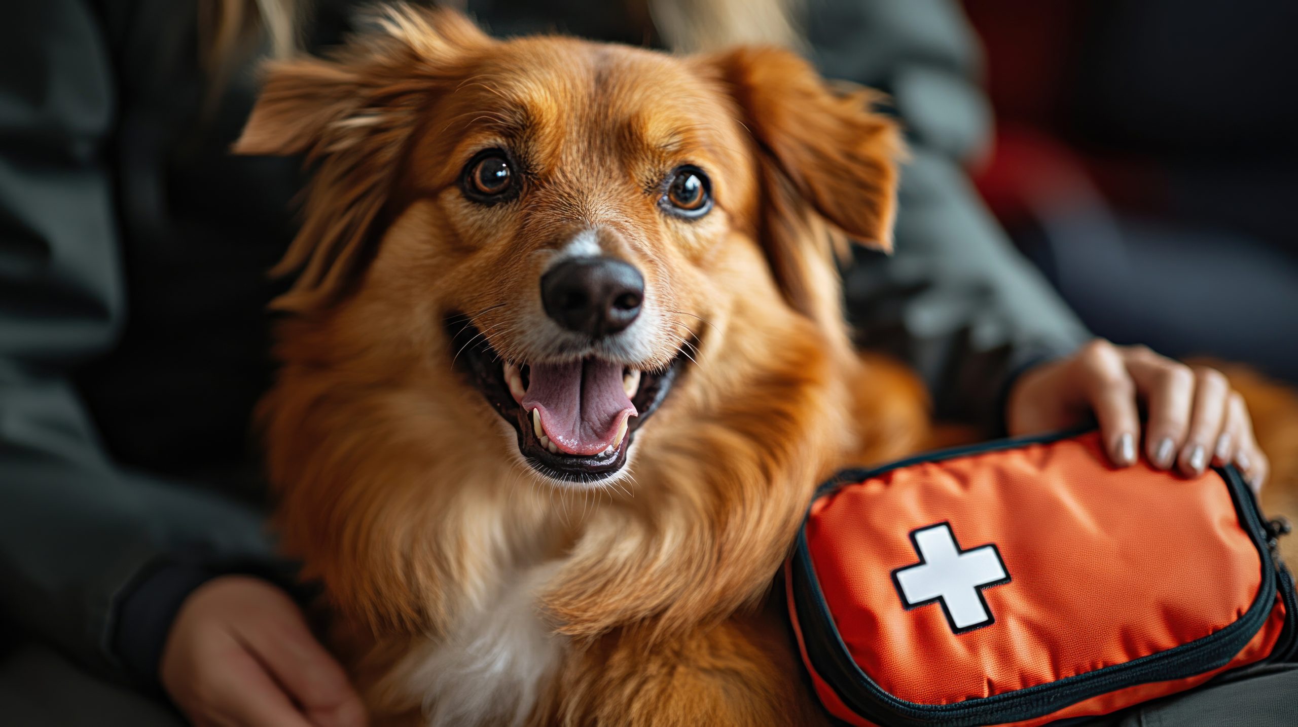 Pies na kempingu obok apteczki pierwszej pomocy