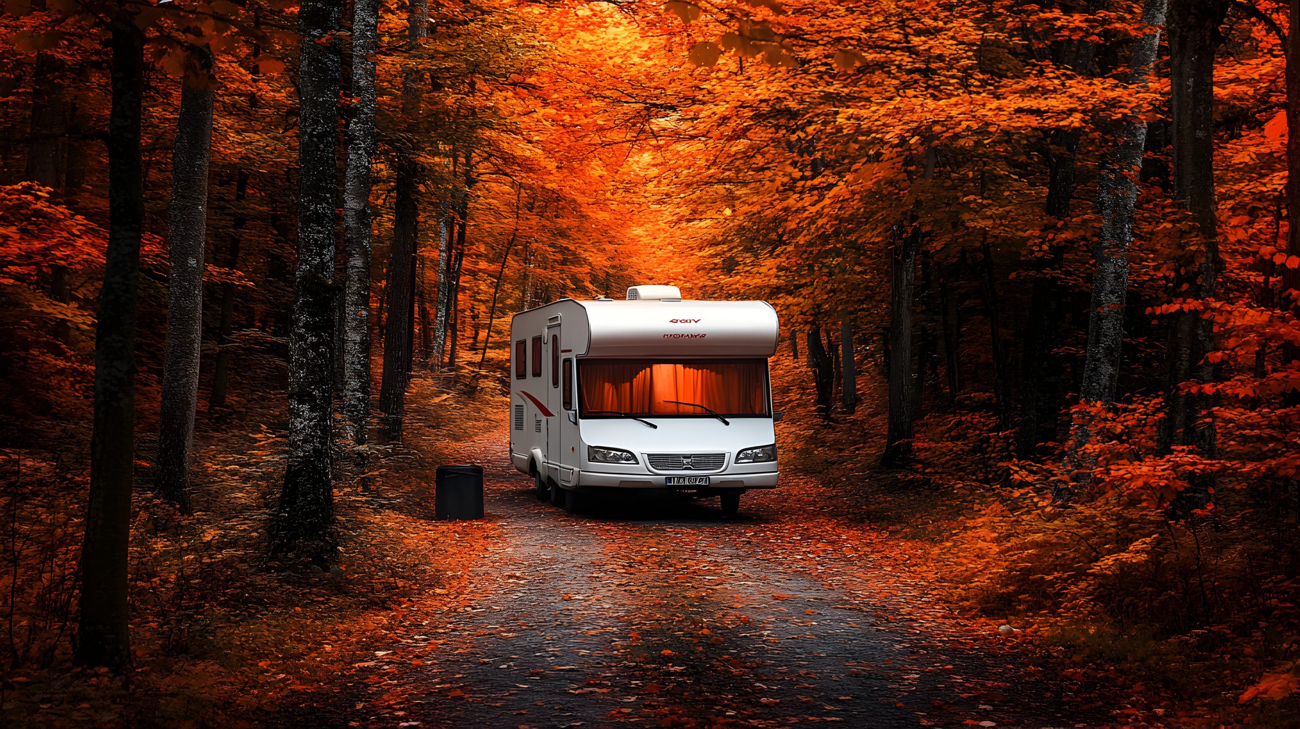 Jesienna droga z kamperem wśród drzew w złotych barwach