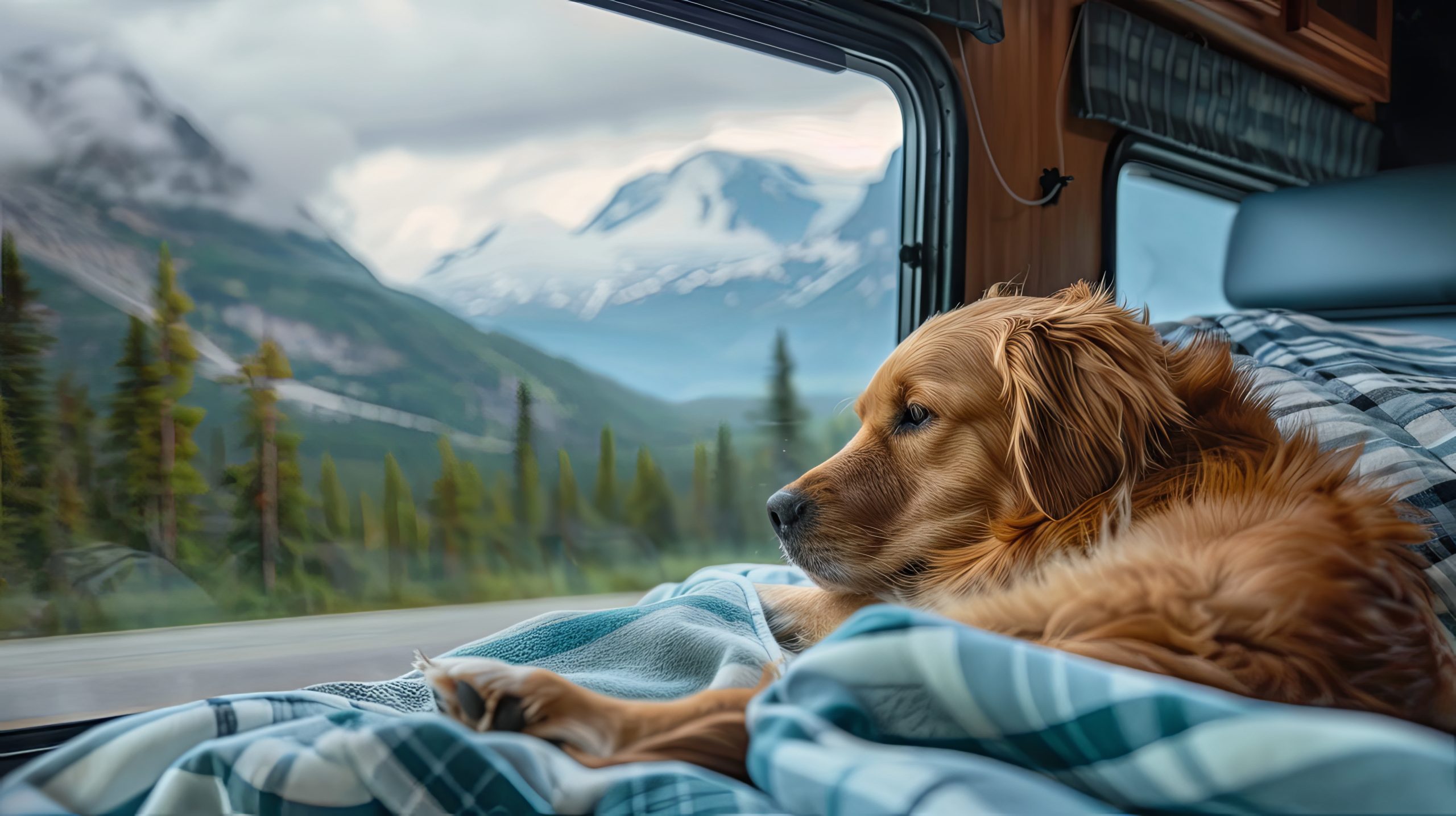 Pies odpoczywający obok kampera na kempingu