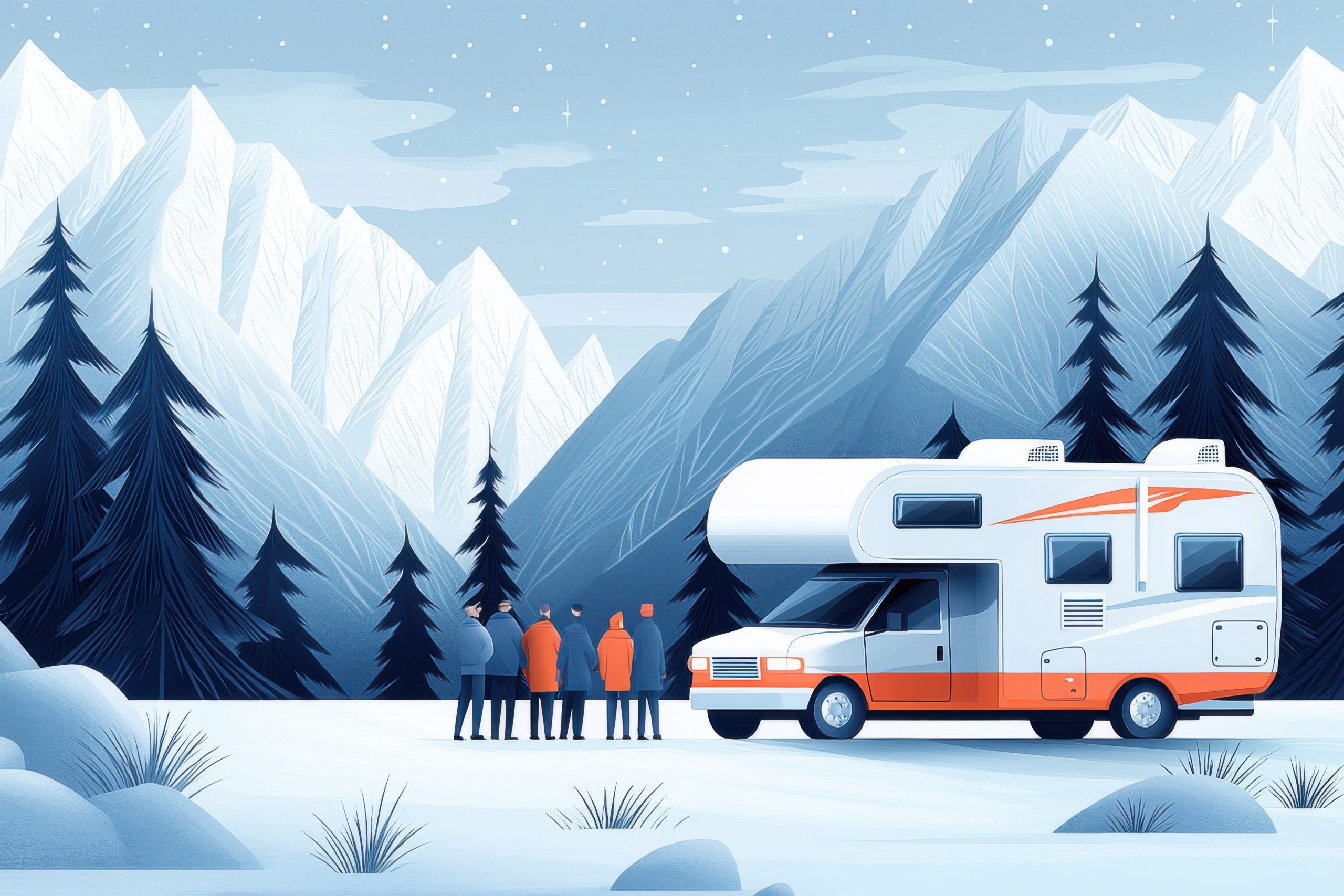 Wnętrze ciepłego kampera podczas zimowej podróży