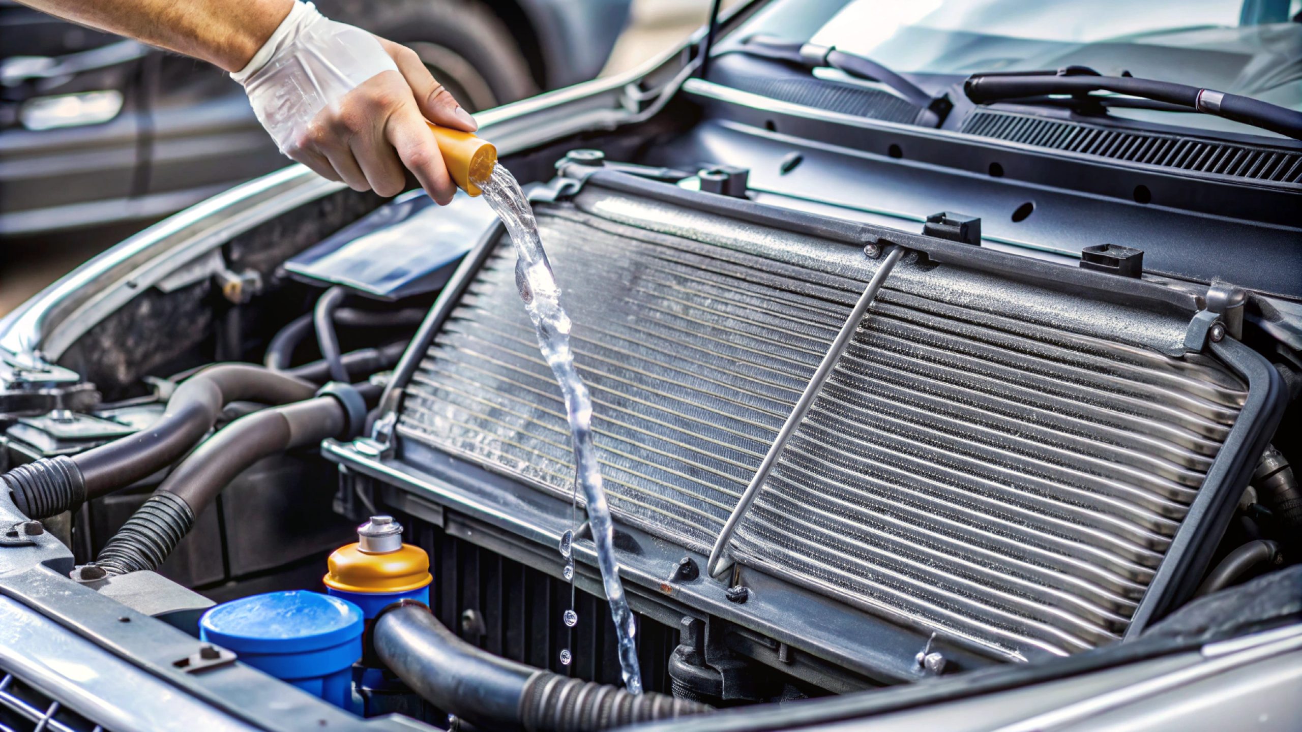 Układ chłodzenia silnika z widoczną chłodnicą i wężami