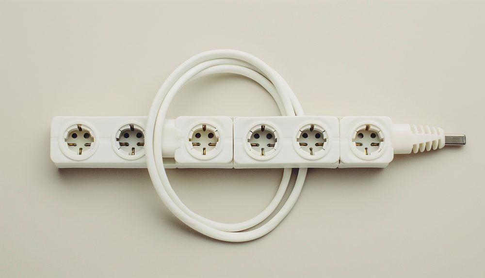Ochronnik przepięciowy 230V zamontowany w panelu elektrycznym kampera z widocznymi kablami i diodami LED